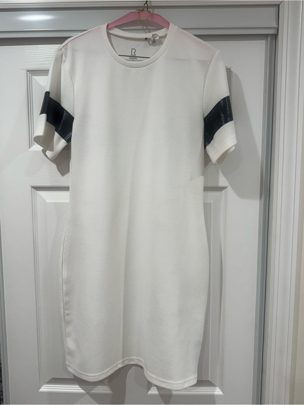 RUDSAK White Mesh Mini Dress with Black Sleeve Stripe
